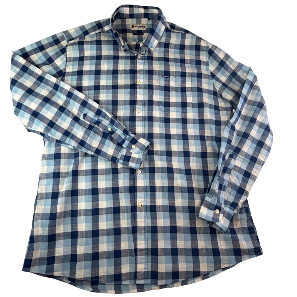 Barbour Tailored Fit Blue Plaid Button Down Shirt Mens L Coastal Heritage